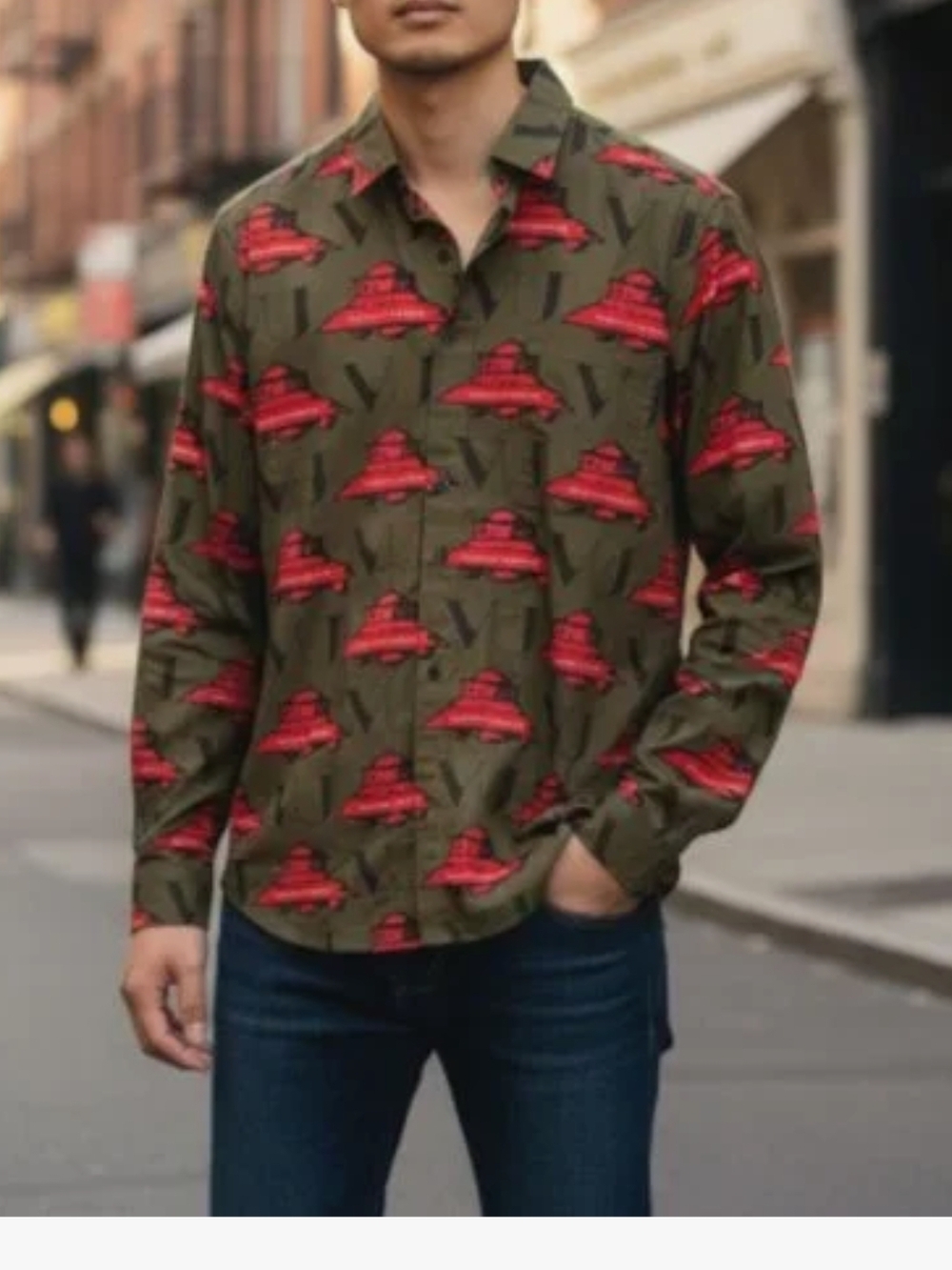 Valentino Olive Green Button-Down Shirt with Red Graphic Print - Picture 8 of 8